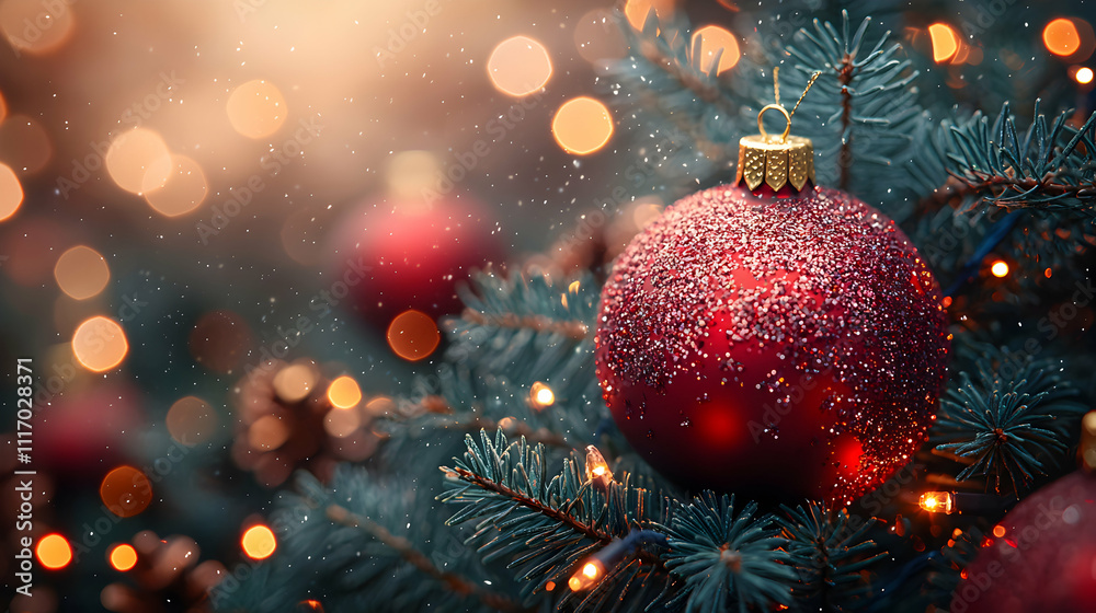 Glittering Red Ornament Adorns Festive Christmas Tree Glittering Red Ornament Adorns Festive Christmas Tree