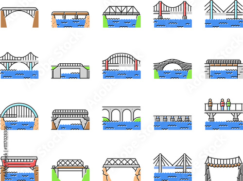 bridge city building road river icons set vector. suspension landmark, gate arch, metal skyline, architecture bay, tower landscape bridge city building road river color line illustrations