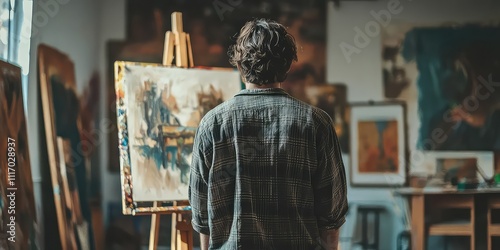 A painter artist standing back to evaluate their work in progress on an easel.