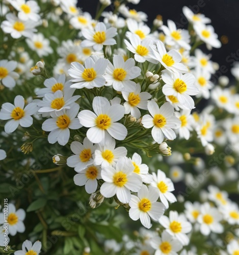 clusters of small white flowers with bright yellow centers swaying in the wind, wildflowers, mixed flowers