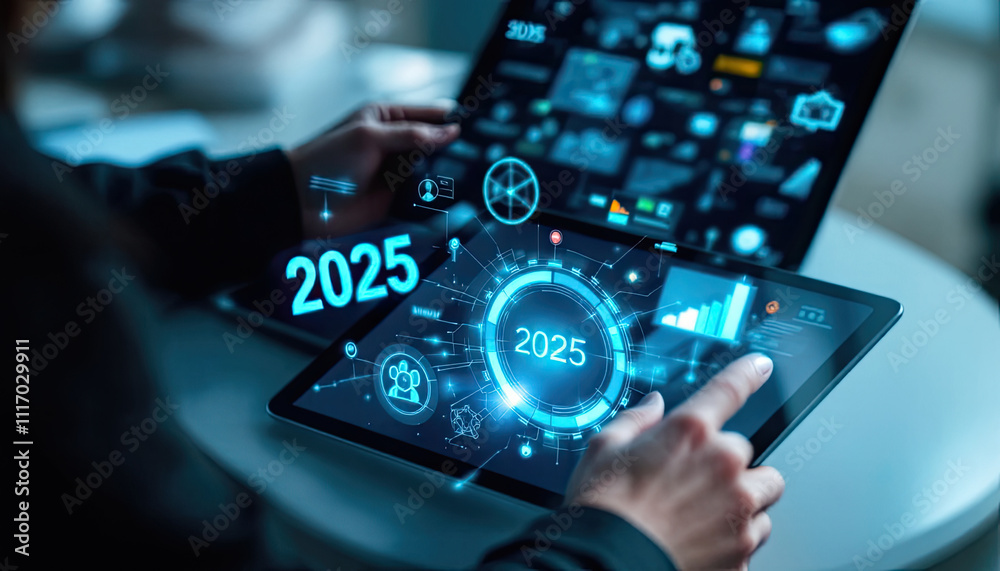 Person using a laptop and tablet with digital icons and '2025' displayed, representing future business and technology themes. Person using a laptop and tablet with digital icons and '2025' displayed, representing future business and technology themes.