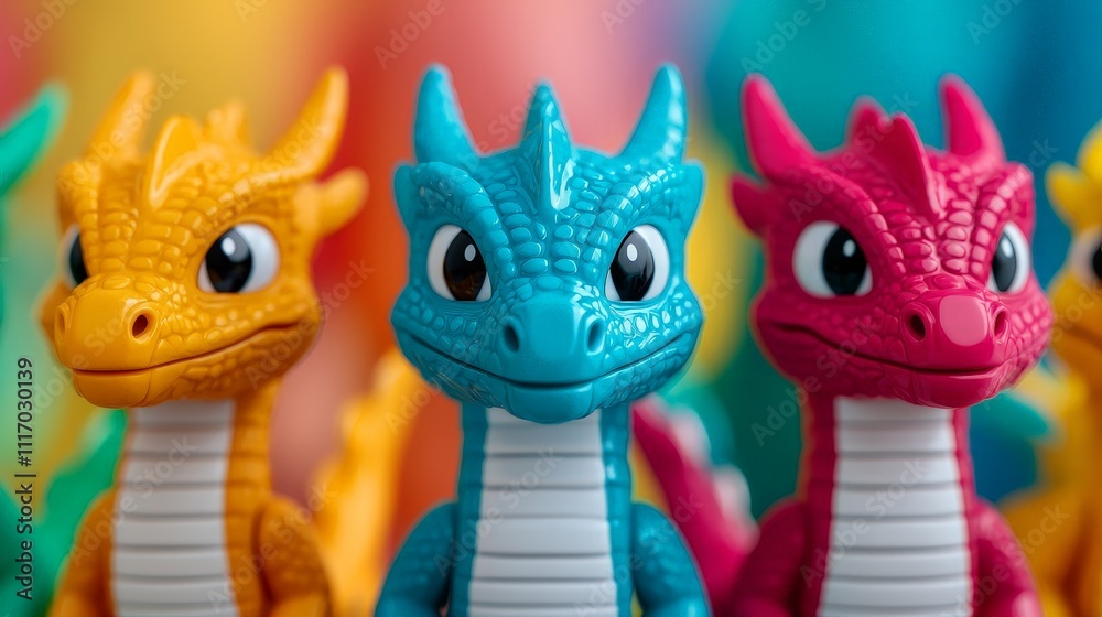 Colorful plastic dragon toys in a row against a blurred rainbow background. Colorful plastic dragon toys in a row against a blurred rainbow background.