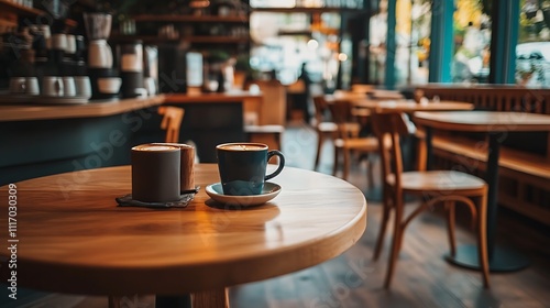 Two Cups of Latte Art on a Wooden Table in a Cafe