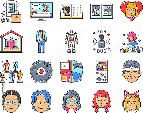 otaku anime manga eyes icons set vector. japanese, japan piece, one boy, asian concert, shirt cosplay, cheering cat, samurai otaku anime manga eyes color line illustrations