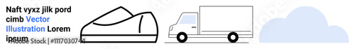 Black shoe icon, gray delivery truck icon, light blue cloud icon, sample Lorem Ipsum text in black and blue. Ideal for conveyance, fashion, weather, transportation, shipping, e-commerce, digital