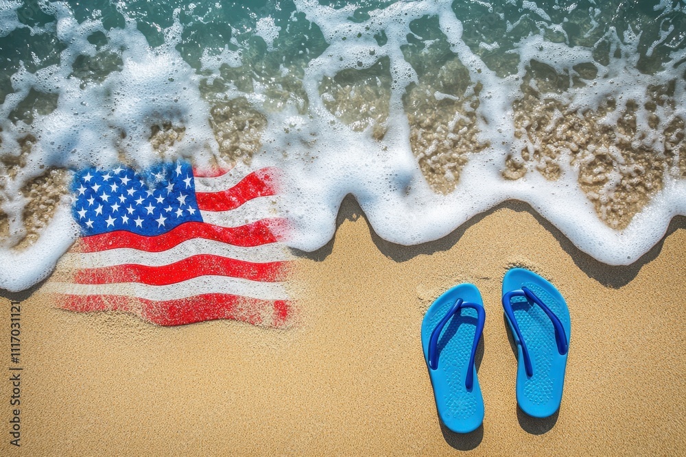 Naklejka premium American flag in sand with ocean waves and blue flip-flops on beach