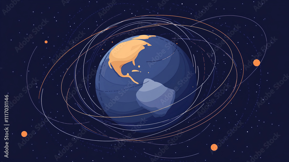 Fototapeta premium Earth axis diagram illustration showing the tilt of the Earth's rotational axis relative to its orbital plane, explaining the cause of seasonal changes and the distribution of sunlight.