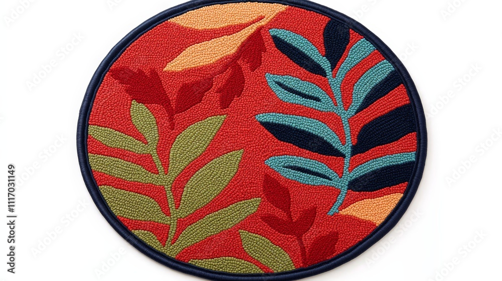 Circular rug with colorful, embroidered foliage design. Circular rug with colorful, embroidered foliage design.