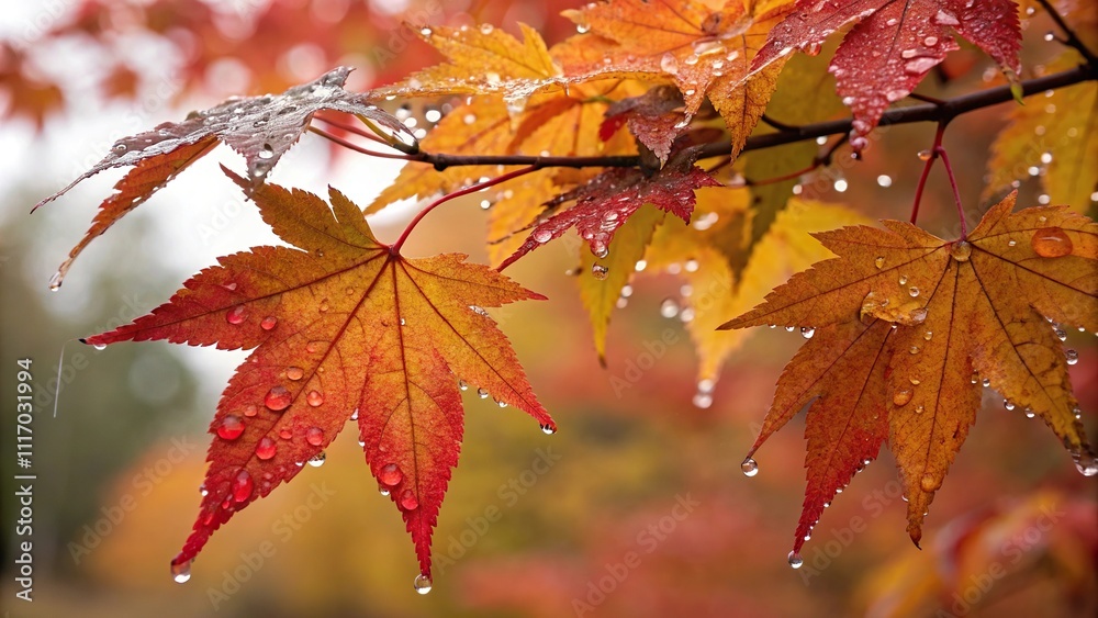 Water drops cling to vibrant autumn leaves, environment, colorful foliage, seasonal change, rain or dew Water drops cling to vibrant autumn leaves, environment, colorful foliage, seasonal change, rain or dew