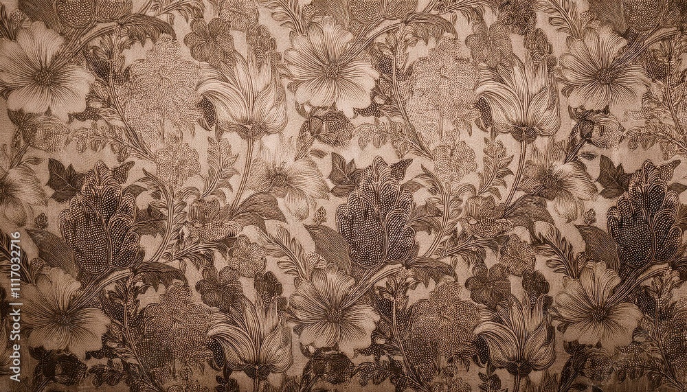Obraz premium 빈티지 패턴 벽지 올드한 감성이 느껴지는 세피아 톤의 꽃무늬 패턴 벽지