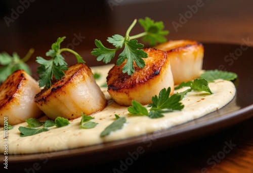 Seared Scallops with Creamy Sauce and Herbs 