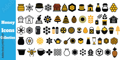 Honey  Icon Set: High-Quality Vector Illustrations Featuring Bees, Beehives, Honey Jars, Spoons, and Floral Elements and More.