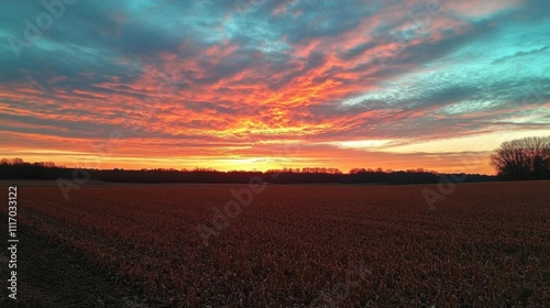 A vibrant sunset over a field, showcasing nature's beauty.