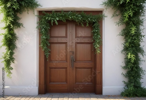 A wooden door with a lush evergreen garland wrapped around its frame, greenery swaying gently in the breeze, sunlight filtering through leaves, wreath, architectural, natural