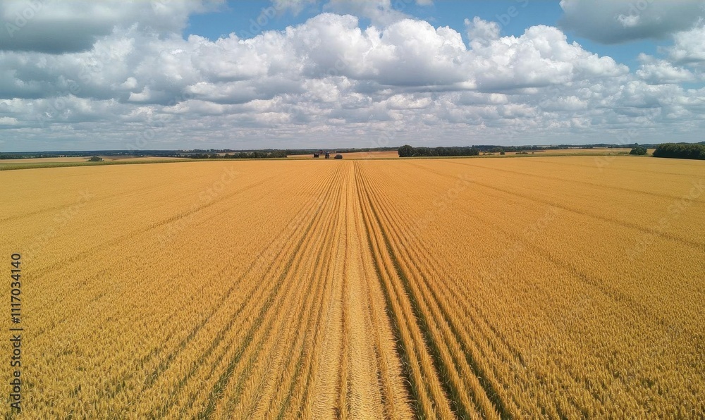 Fototapeta premium A golden wheat field under a cloudy sky, showcasing agricultural beauty.