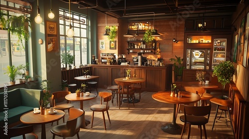 Cozy Cafe Interior with Sunlight Streaming Through Windows