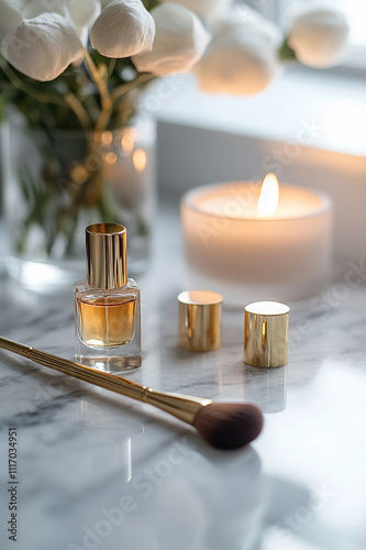 Luxurious Beauty Setup with Perfume, Brush, Candle, and Tulips on Marble Surface photo