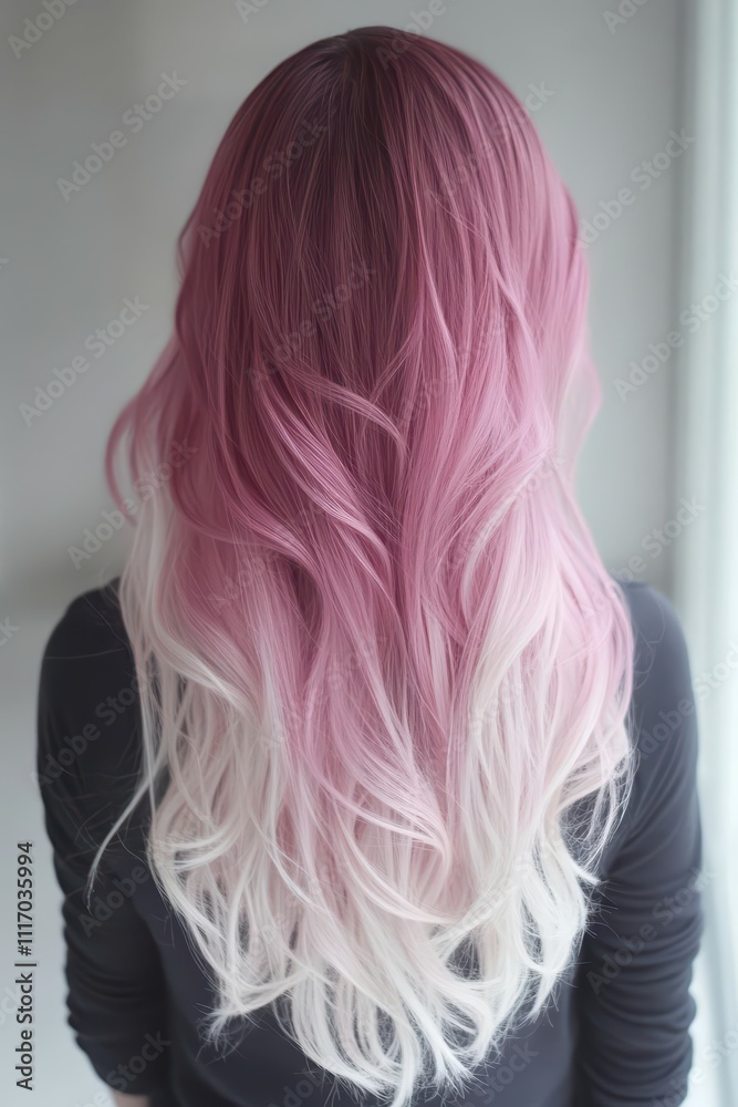 Naklejka premium A back view of long, wavy hair with a gradient from pink to white.