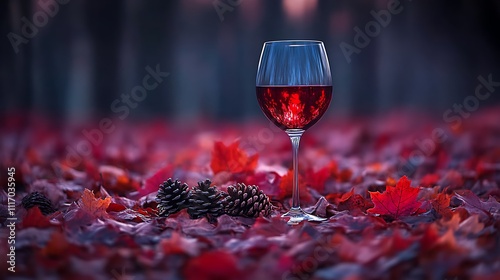 Red Wine Glass Autumn Leaves Forest Setting photo