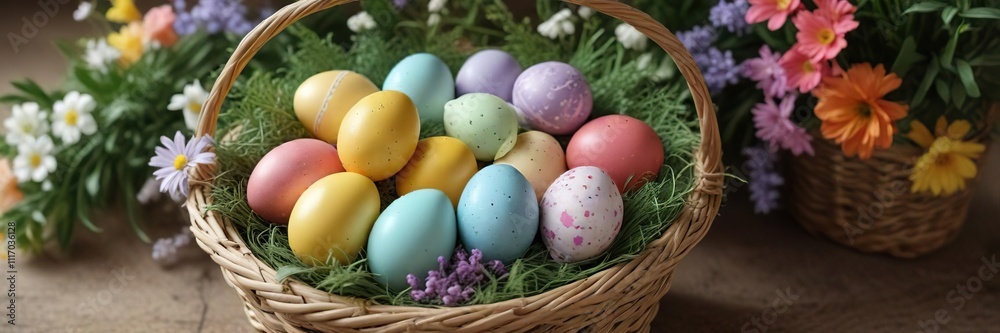 A colorful arrangement of Easter eggs in a woven basket with some greenery and flowers, colored eggs, baskets A colorful arrangement of Easter eggs in a woven basket with some greenery and flowers, colored eggs, baskets