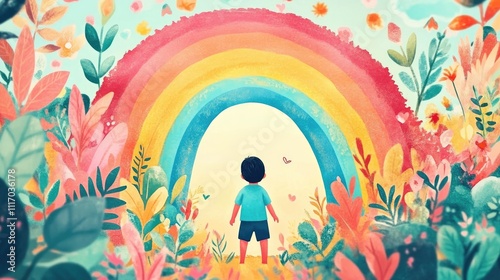 Child Gazing at a Vibrant Rainbow in a Floral Garden