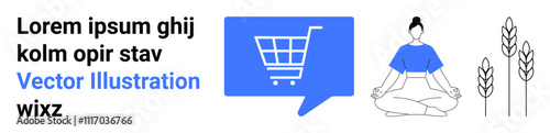 Shopping cart icon in blue chat bubble, person meditating, wheat stalks, and placeholder text. Ideal for e-commerce, wellness, organic products, simplicity, modern design, vector graphics. Landing