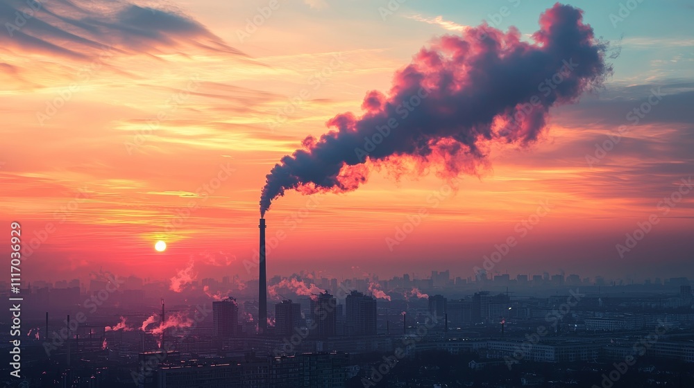 Obraz premium Industrial emission impact urban landscape environmental photography city sunset aerial view pollution awareness