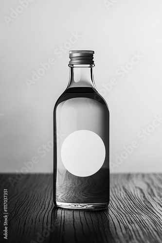 Minimalist Clear Glass Bottle with Blank Label on Wooden Surface in Black and White photo