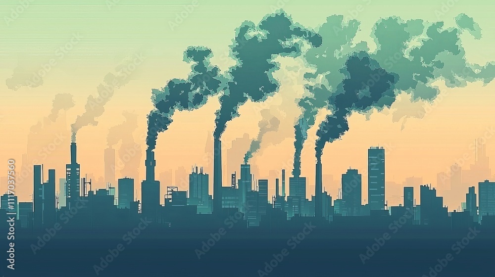 Fototapeta premium Industrial pollution crisis in urban landscapes illustrating environmental challenges through graphic art