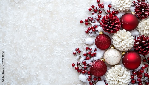 Festive Christmas Background Red White Ornaments Snow Berries photo