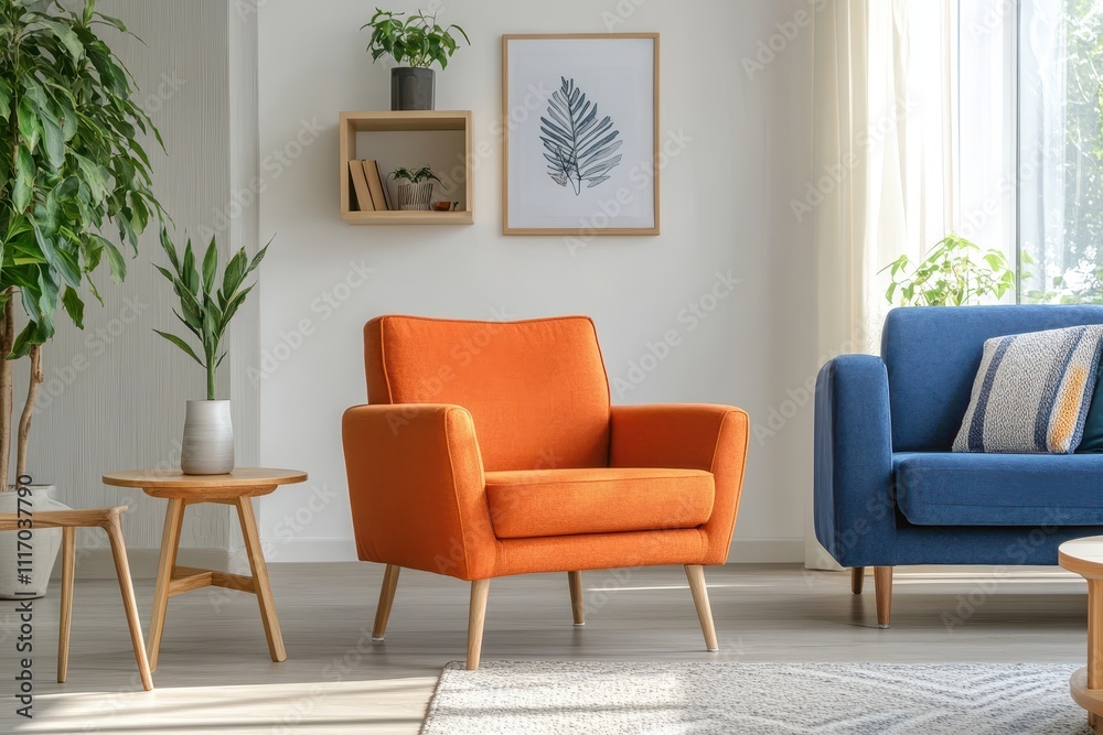 Sunlit corner of modern living room with mid-century furniture Sunlit corner of modern living room with mid-century furniture