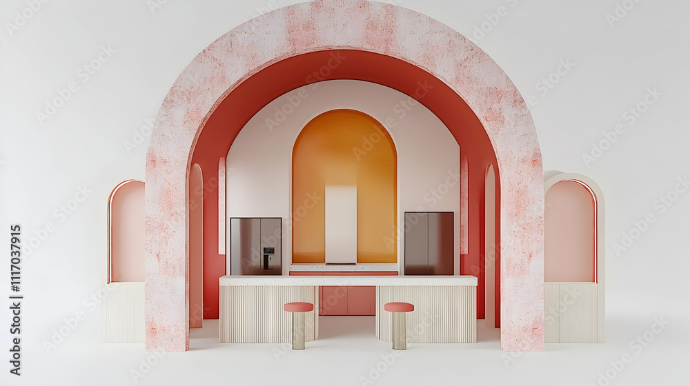 Fototapeta premium Pastel pink and orange arched minimalist kitchen interior design rendering.