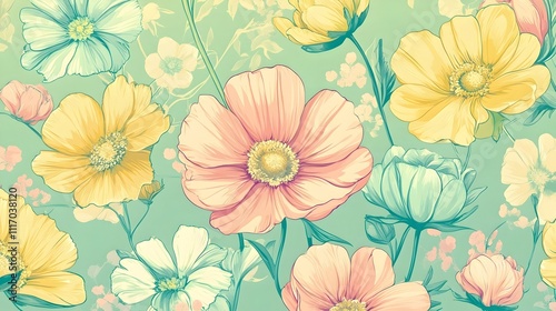 Wallpaper Mural Pastel-colored floral seamless pattern with various flowers and plants on a mint green background. Torontodigital.ca