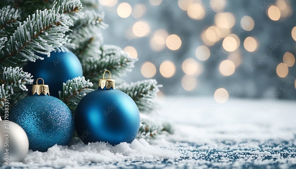 Fototapeta premium Festive Blue Christmas Ornaments Snow Winter Background