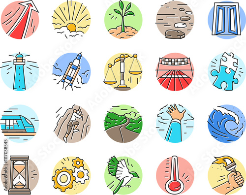 progress trend up business icons set vector. arrow growth, work economy, process profit, chart graph, income finance, strategy progress trend up business color line illustrations