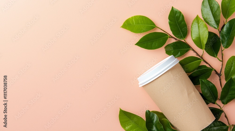 Eco-friendly coffee cup surrounded by green leaves minimalist setting nature close-up aesthetic appeal
