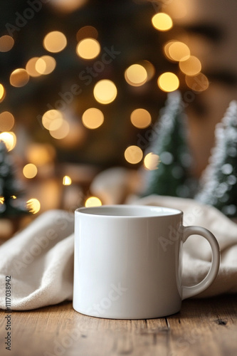 Blank White Mug with Cozy Christmas Bokeh Background