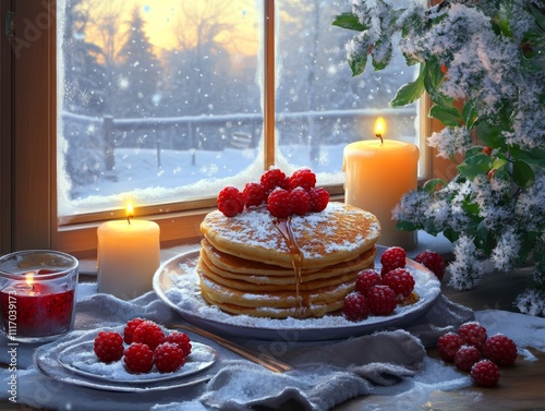 Cozy winter breakfast scene with pancakes, berries, candles, and a snowy view - ai photo