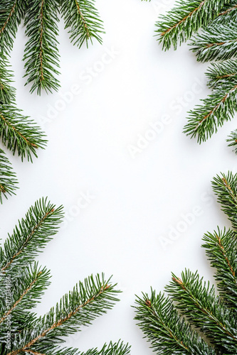 Blank White Background with Evergreen Pine Branches for Holiday Design