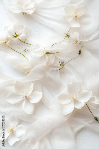 White Florals on Soft Sheer Fabric for Wedding Decoration photo