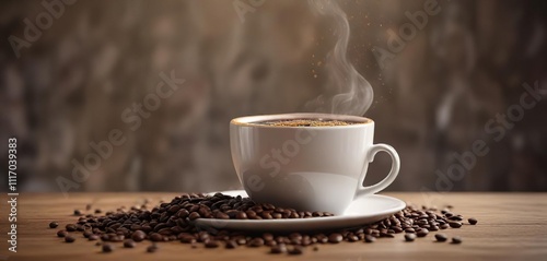 A small cup filled to the brim with steaming liquid coffee and topped with a few whole coffee beans on the rim, serene, misty, peaceful