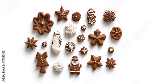 Festive Christmas cookies, arranged in a decorative pattern on a white background. Various shapes include stars, snowflakes, gingerbread men, and trees. Decorated with white icing details.