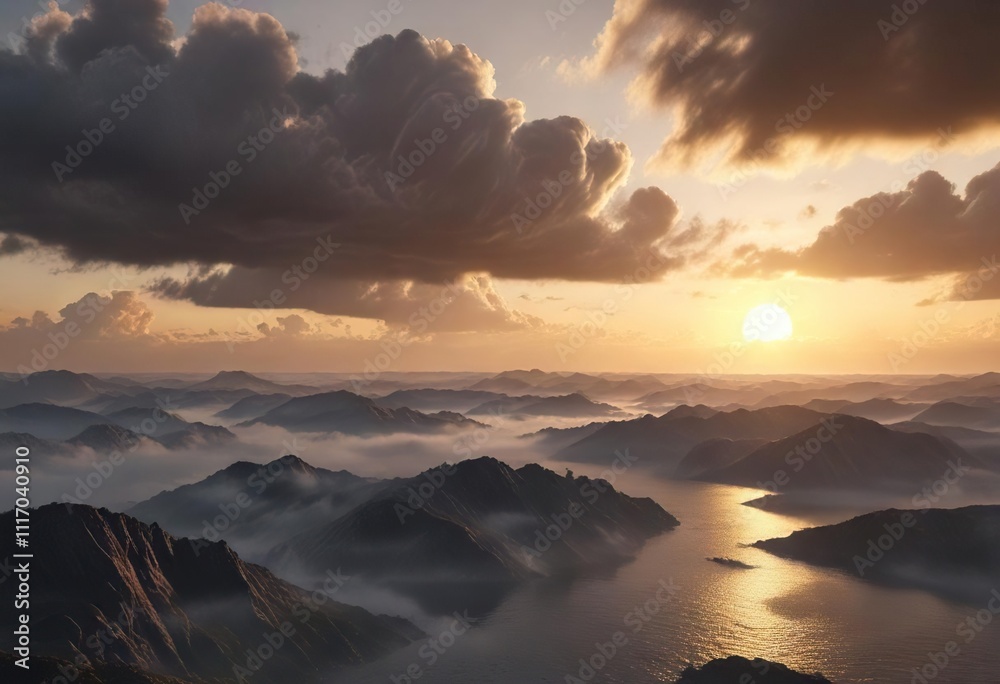 A warm golden glow breaks through the grey clouds at sunrise, misty, sunrise A warm golden glow breaks through the grey clouds at sunrise, misty, sunrise
