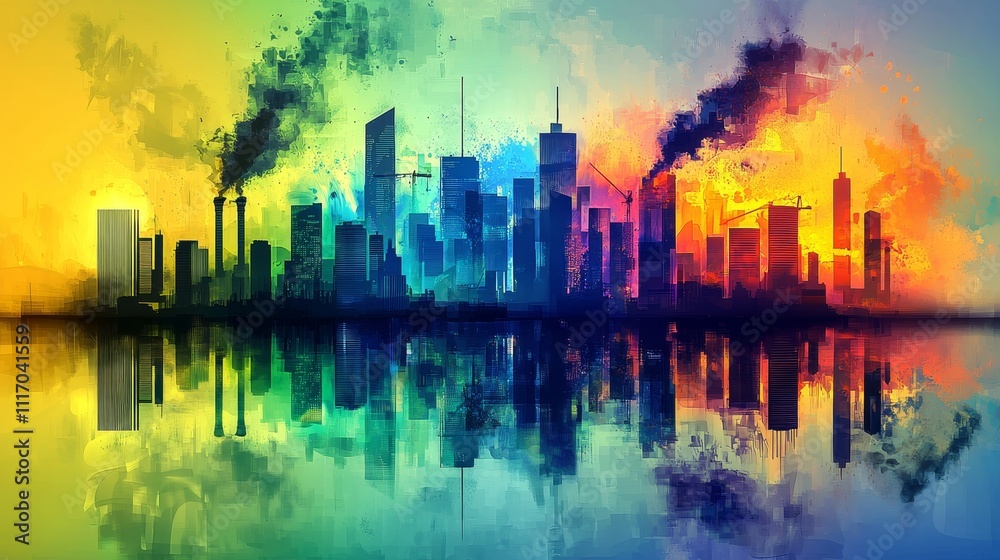 Digital art of a dystopian city urban pollution crisis and environmental awareness in vibrant colors Digital art of a dystopian city urban pollution crisis and environmental awareness in vibrant colors