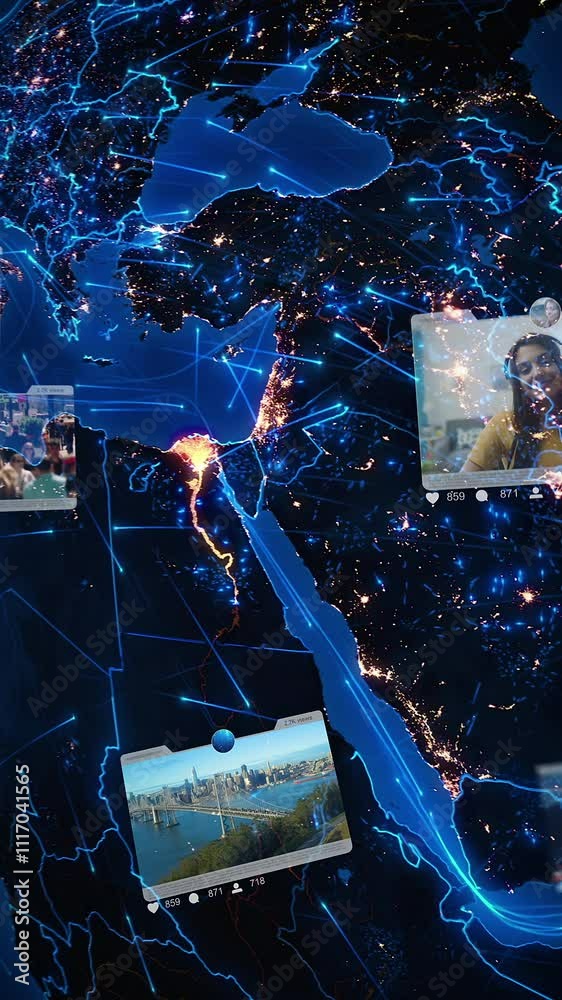 Blue rotating Earth with bright connections and social media interfaces. Futuristic and connected world with augmented reality elements. Middle East map with city lights.