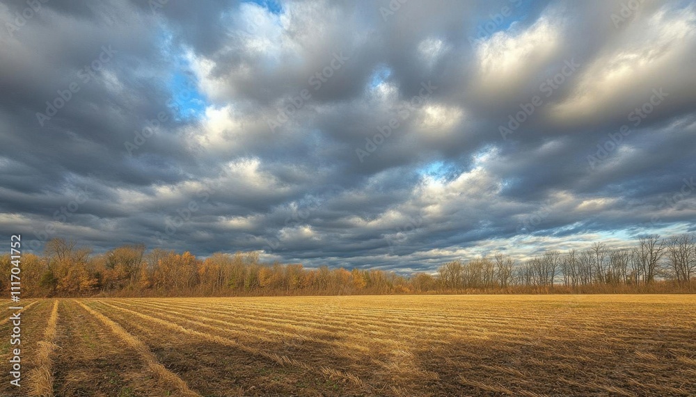Fototapeta premium A serene landscape featuring a field under a dramatic sky.