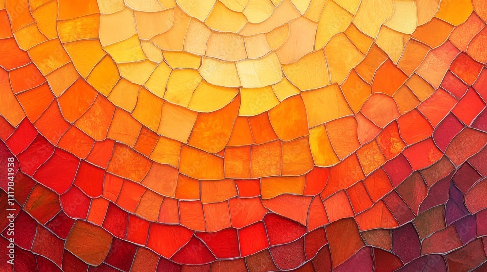 Fototapeta premium Close-up details reveal a stunning mosaic of orange and red tiles interwoven harmoniously. The warm colors evoke the feel of a serene sunset, inviting a sense of tranquility and warmth