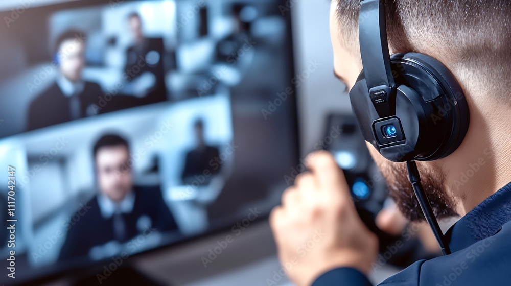 Man Wearing Headset in Video Conference Call