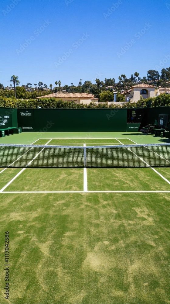 Fototapeta premium A tennis court with green surroundings under a clear blue sky.