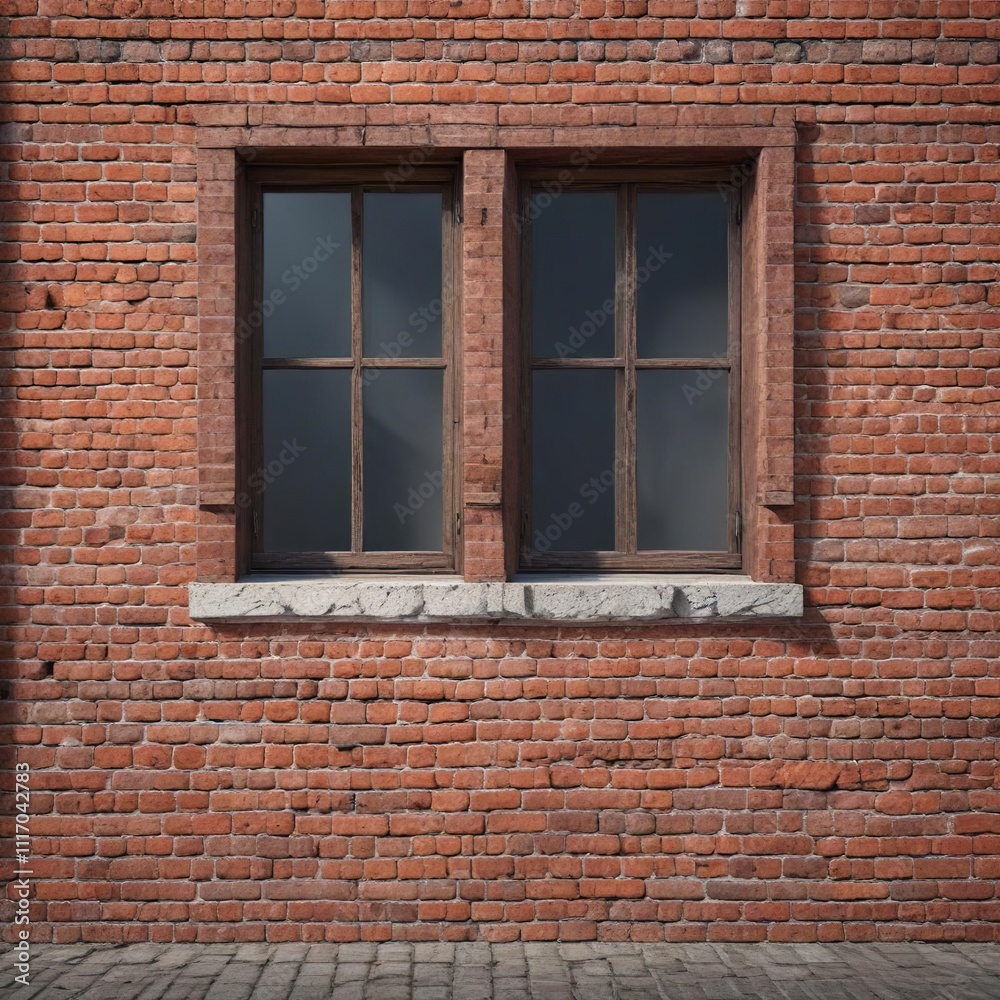 Brick wall with a partially bricked up window and shutters, gray stone, wooden shutters Brick wall with a partially bricked up window and shutters, gray stone, wooden shutters